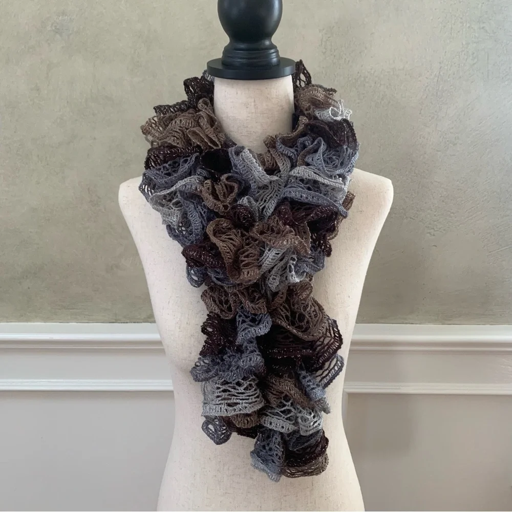 Artisan Ruffled Crochet / Knit Scarf Neutral Brown & Gray